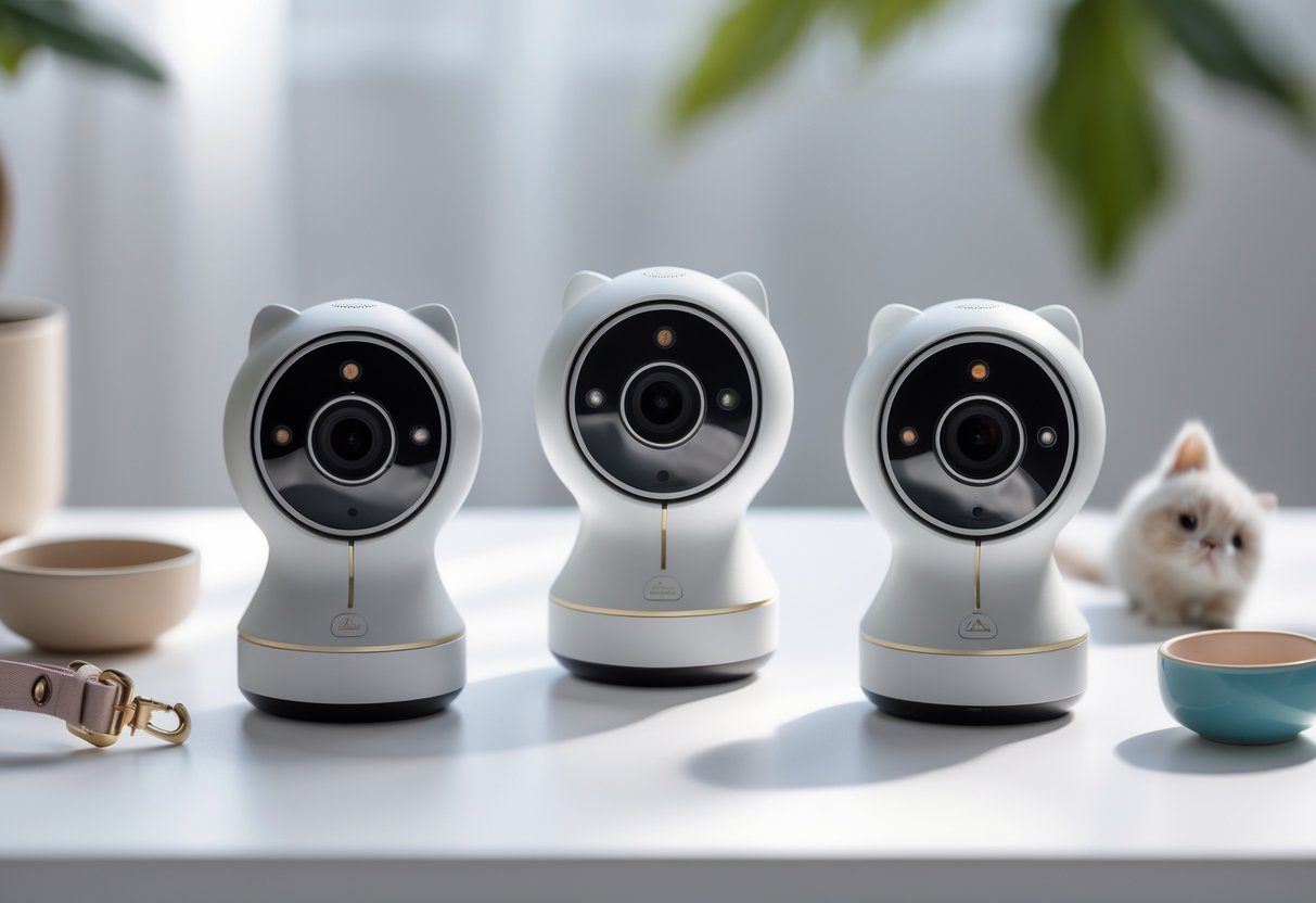 Three pet cameras displayed on a white surface with pet-related items nearby.