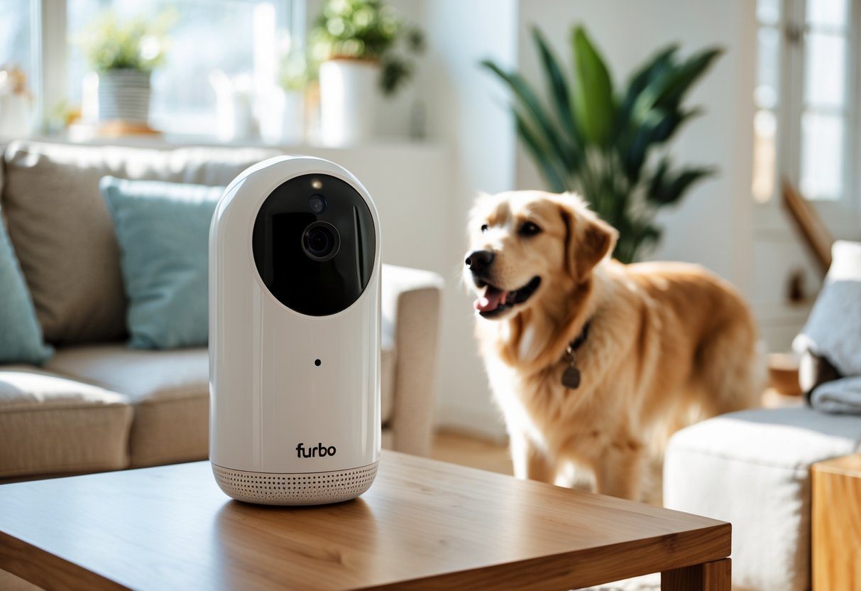 A Furbo Dog Camera on a wooden table with a happy dog looking at it in a bright living room.