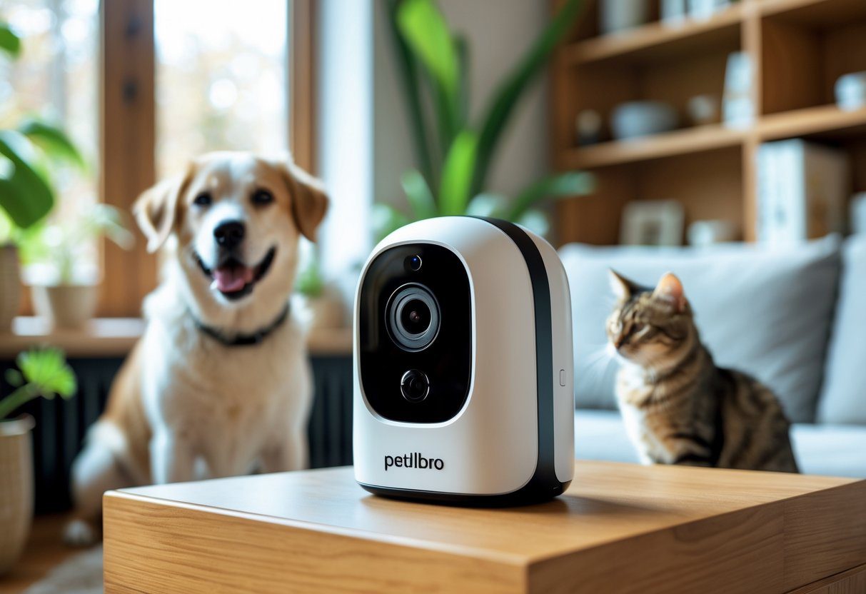 Best pet camera on a wooden table with a dog and a cat in a cozy living room.
