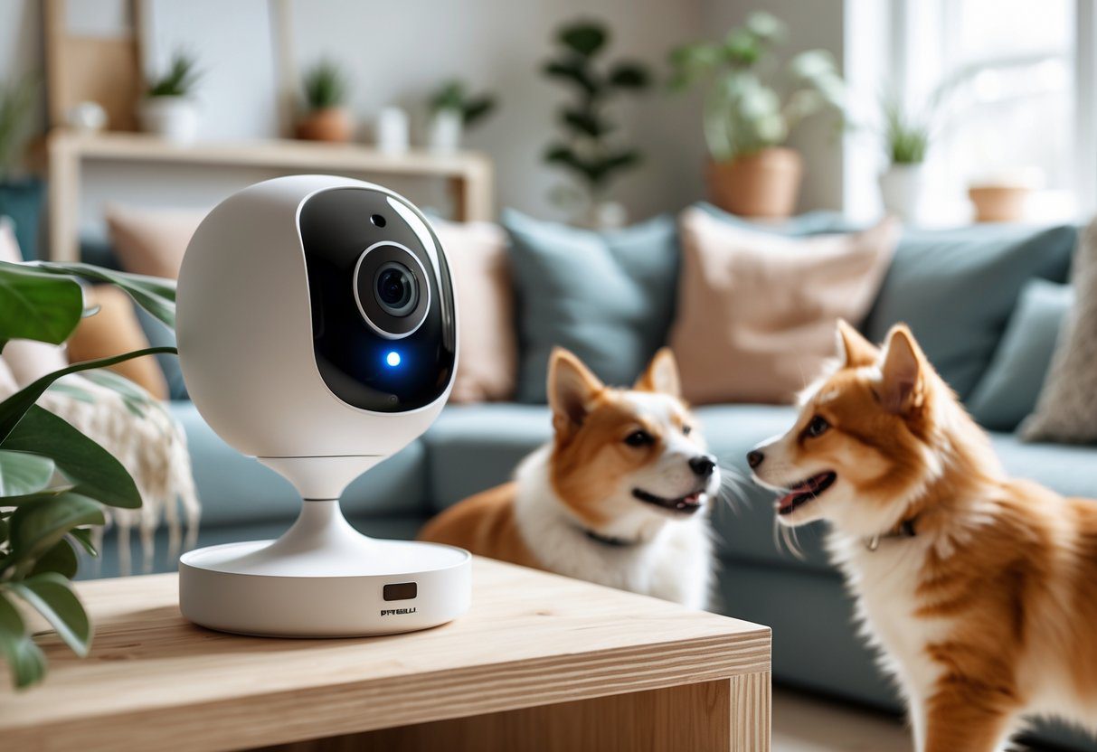 A pet camera set up in a living room watching a dog and a cat playing nearby.