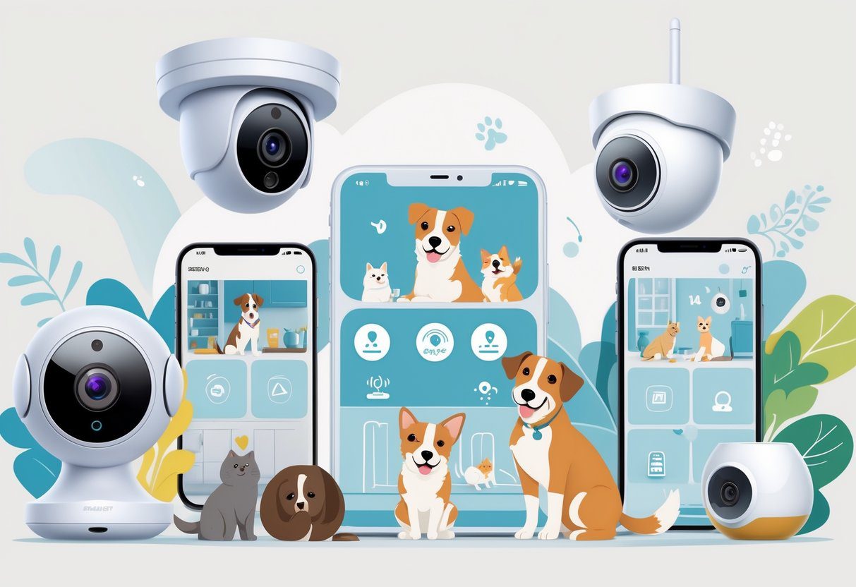 Various pet cameras set up in different rooms monitoring dogs and cats, with icons indicating features like motion detection and two-way audio.