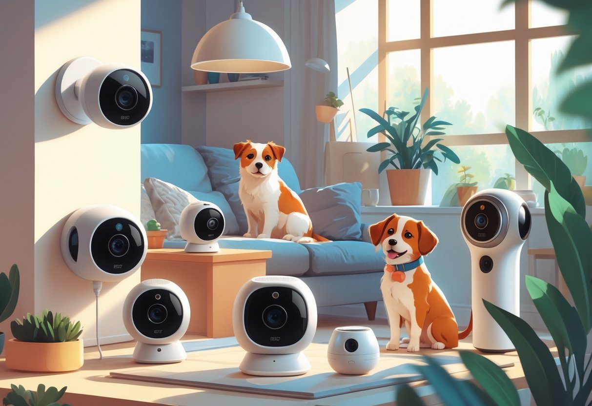 Various types of pet camera reviews shown in a home setting with dogs and cats nearby.