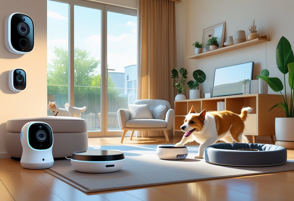 A living room with a dog and a cat interacting with several pet cameras placed around the room.