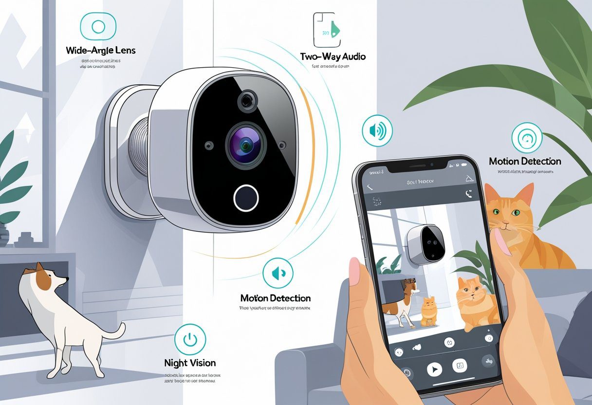 A pet camera mounted on a wall watching a dog and cat in a living room, with a smartphone showing a live video feed of the pets.