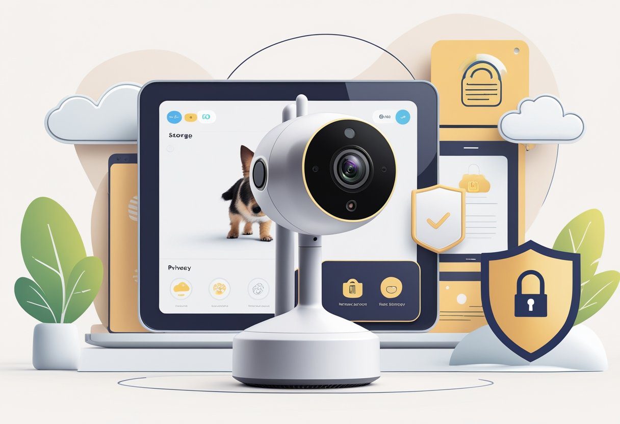 A pet camera showing a dog on its screen surrounded by icons representing cloud storage, hard drives, and security locks to illustrate storage options and privacy.