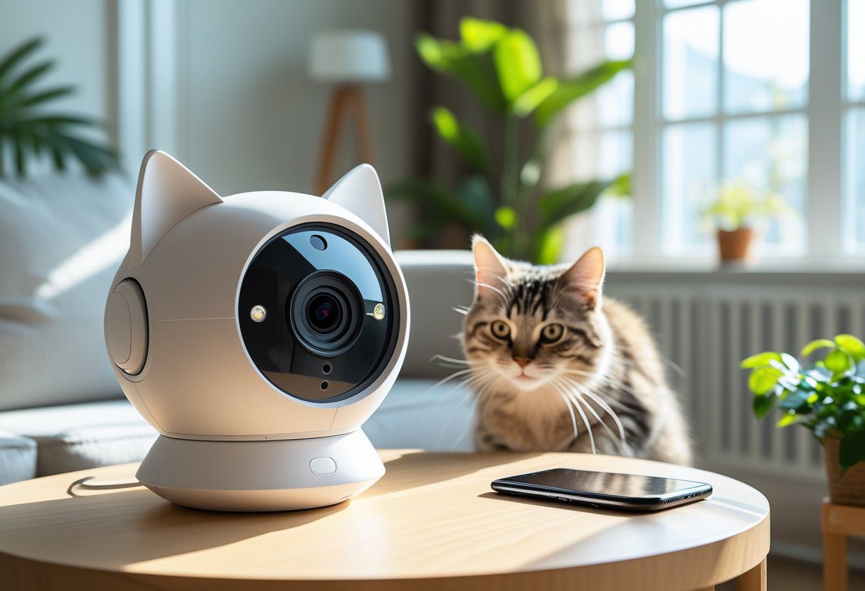 A cat camera on a wooden table with a curious cat nearby in a bright living room.