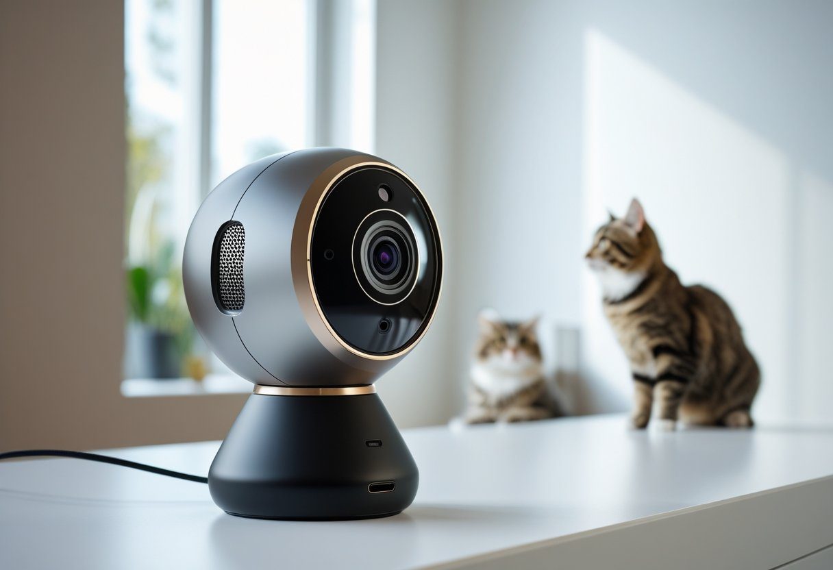 A modern cat camera on a white surface with a cat in the background looking at it.