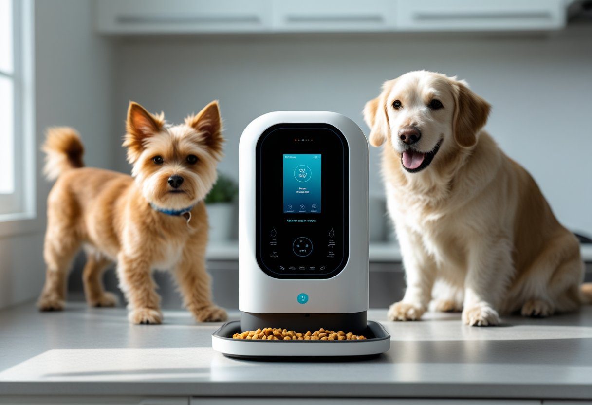 A smart pet feeder on a kitchen countertop with a dog and a cat waiting nearby.