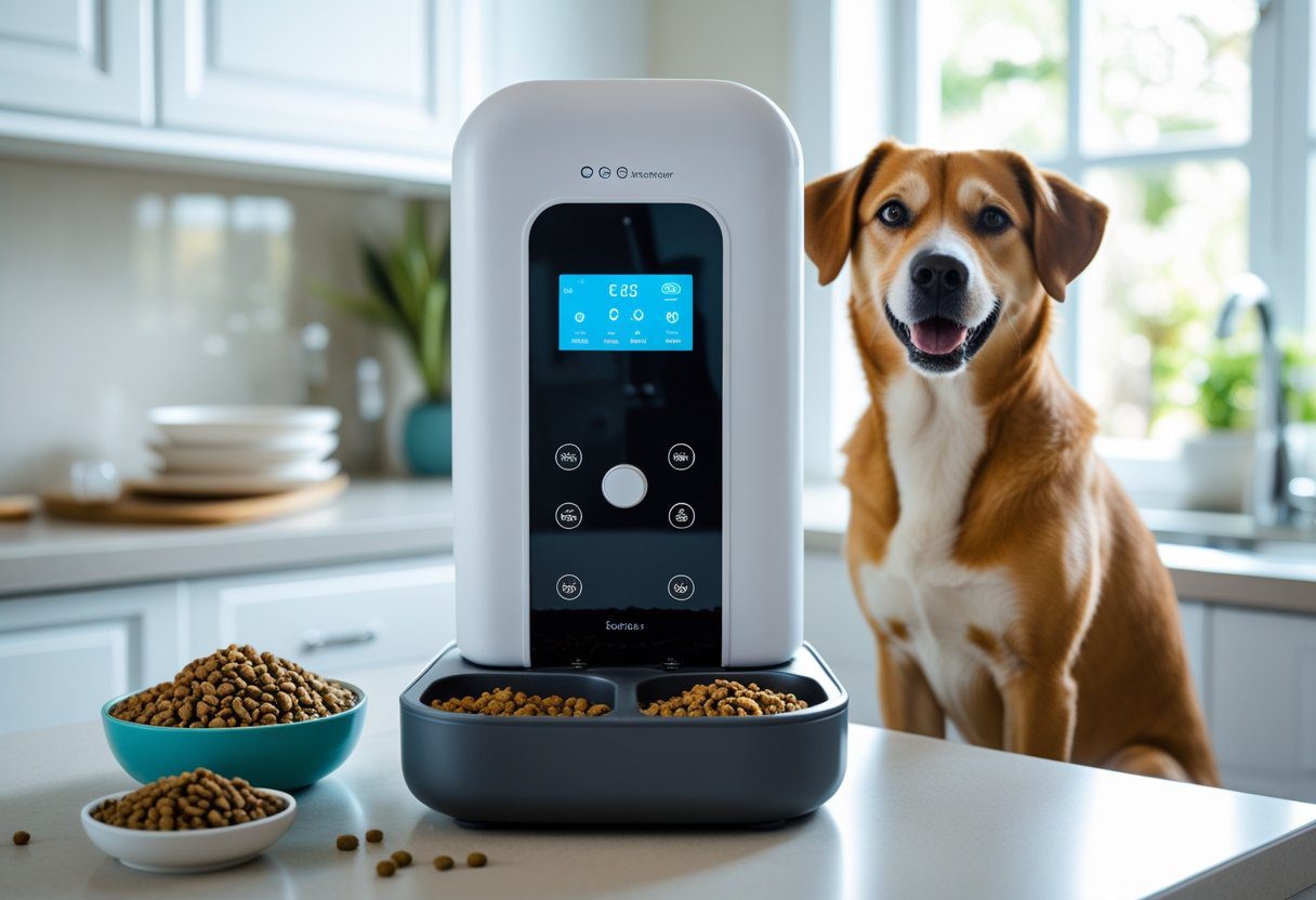 A smart pet feeder without WiFi on a kitchen countertop with a dog sitting nearby and pet food bowls around.