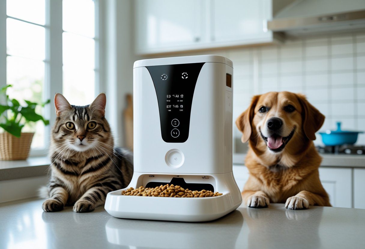 A modern smart pet feeder without wifi on a kitchen counter with a happy cat and dog nearby.