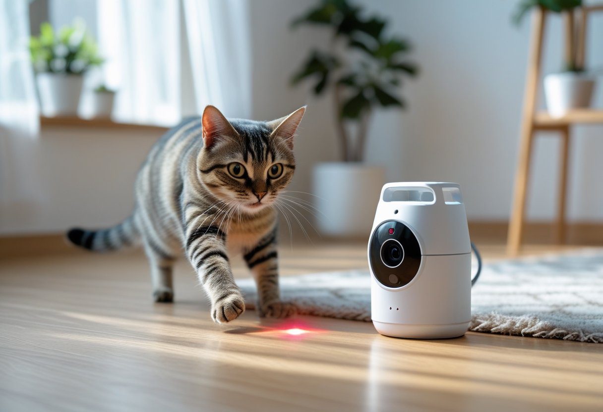 A domestic cat playing with a laser dot emitted from a modern cat camera with laser toy on a wooden floor indoors.