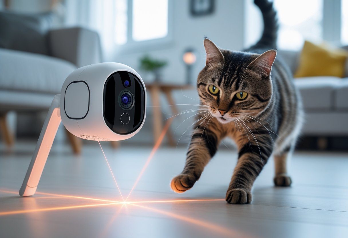 A cat playing with a laser dot projected by a modern cat camera device in a bright living room.