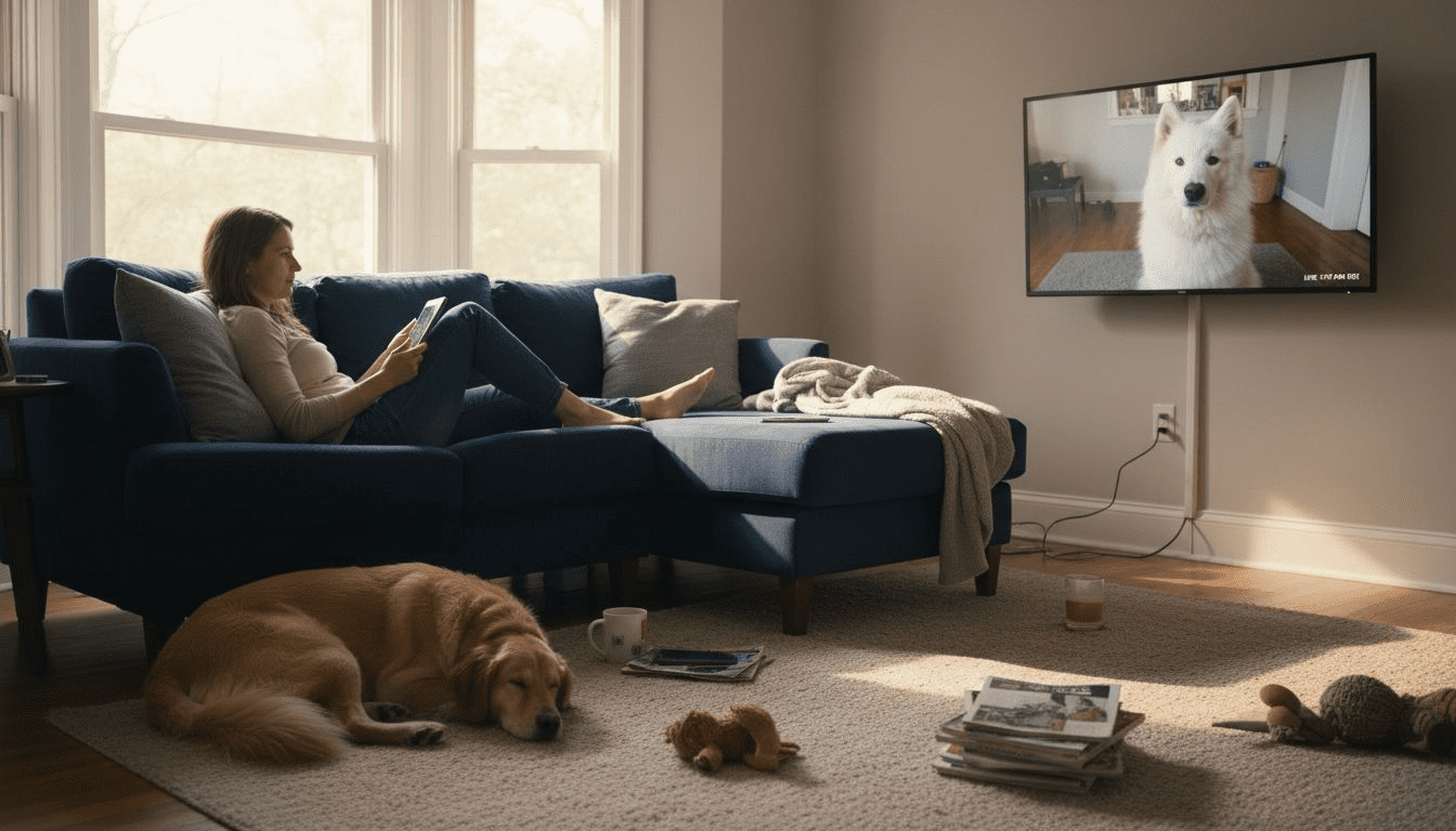 Pet owner watching dogs via smart camera in sunny living room