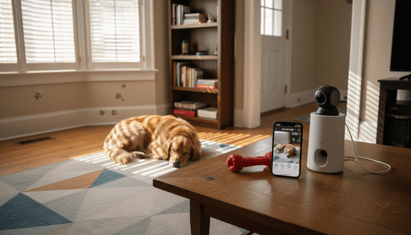 Dog monitored in cozy living room with tech devices
