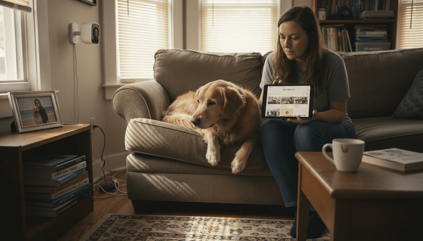 Woman using pet camera cloud storage tablet