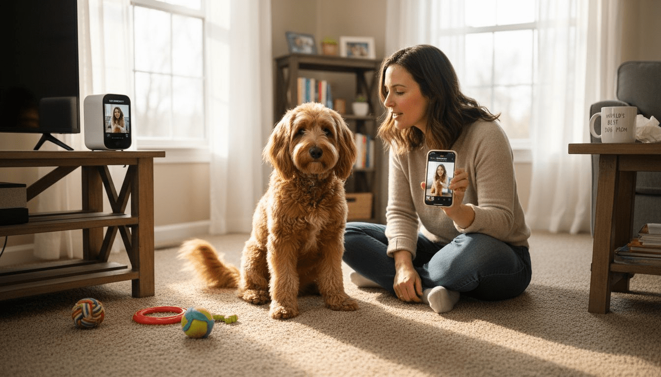 Pet owner using HD camera to soothe dog