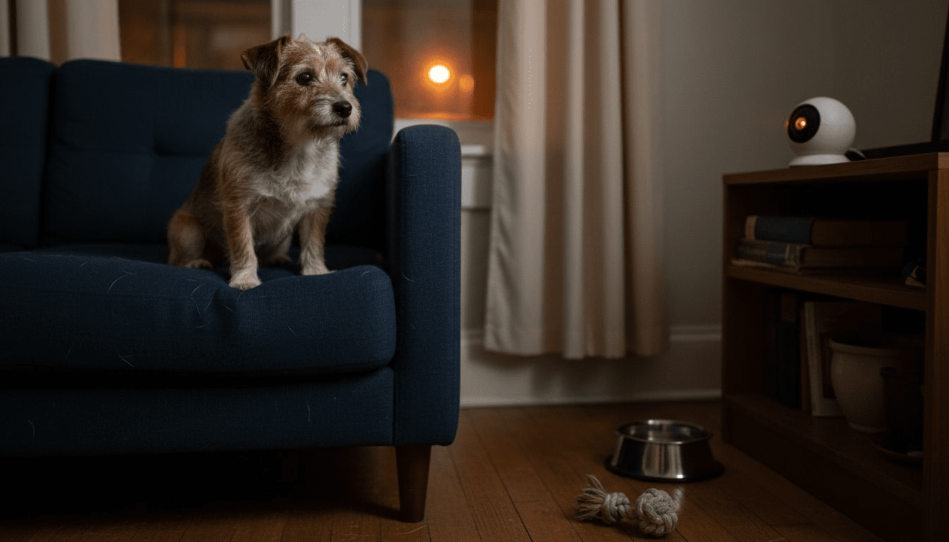 Dog watched by night vision pet camera in living room