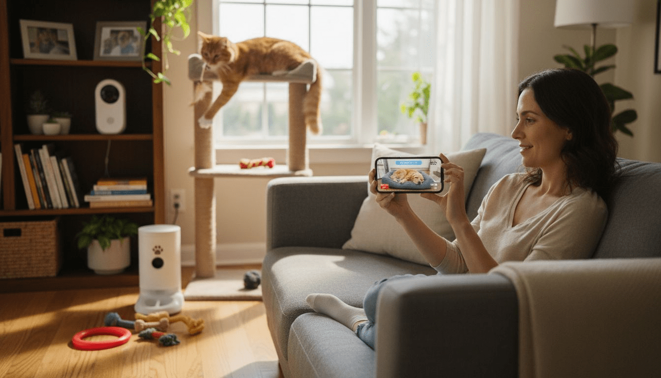 Pet owner monitors pets with smart devices at home