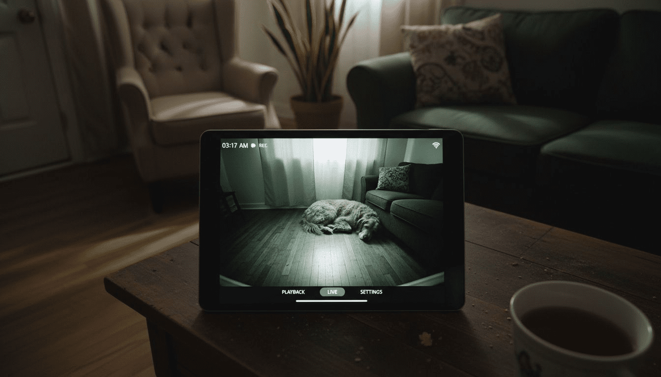 Dog sleeping under night vision camera at home