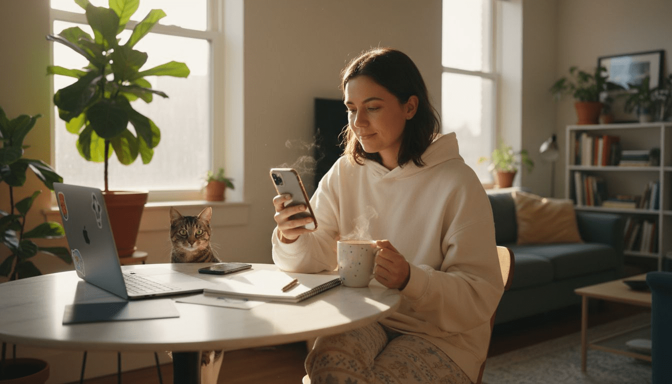 Woman checking pet monitoring camera in kitchen