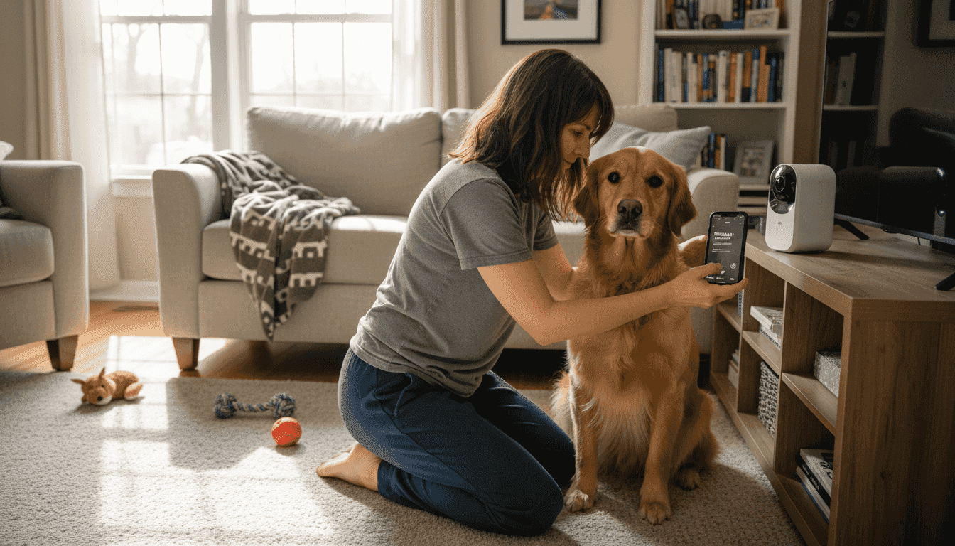 Pet owner setting up smart camera for dog