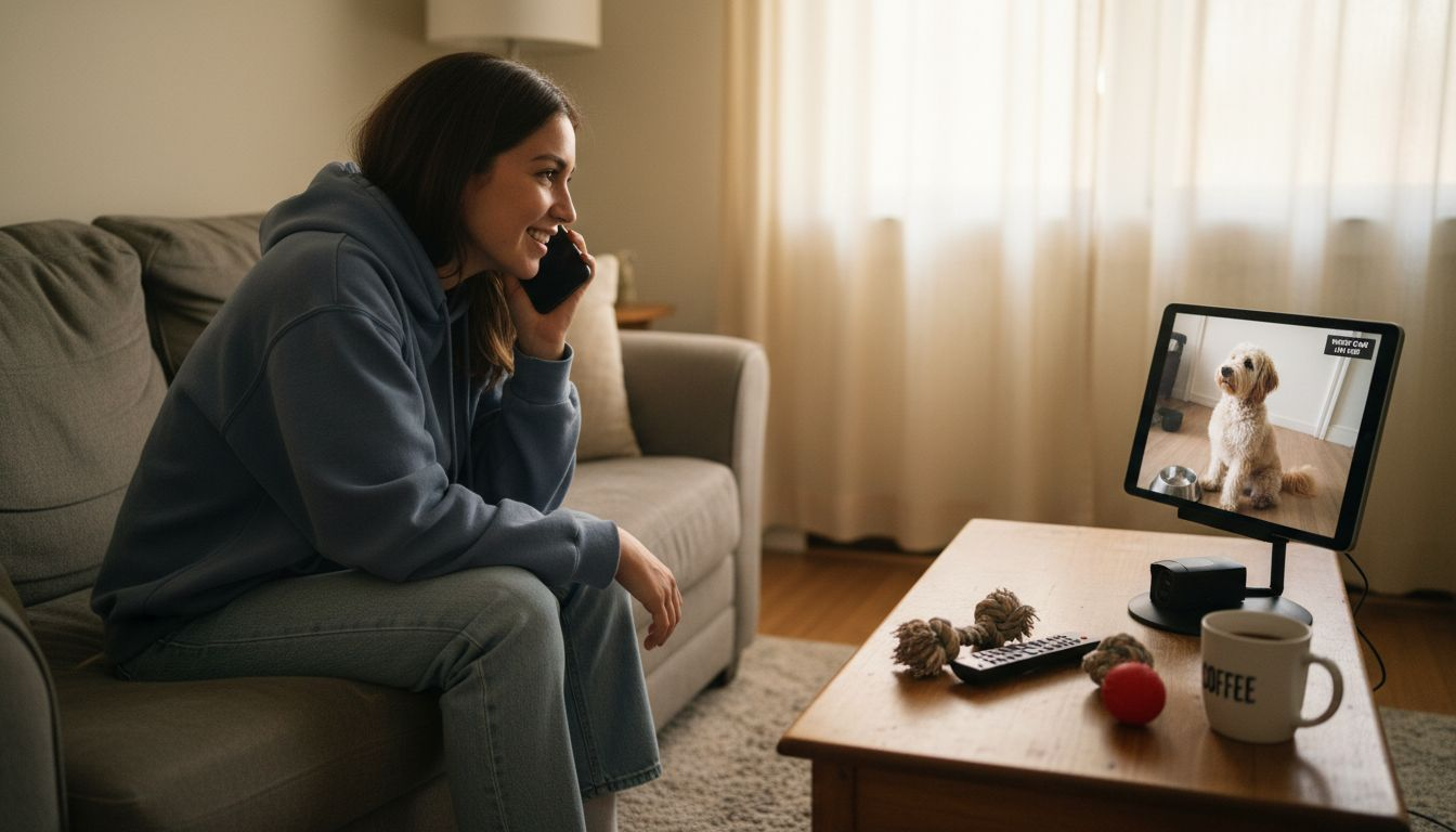 Pet owner uses two-way audio camera at home