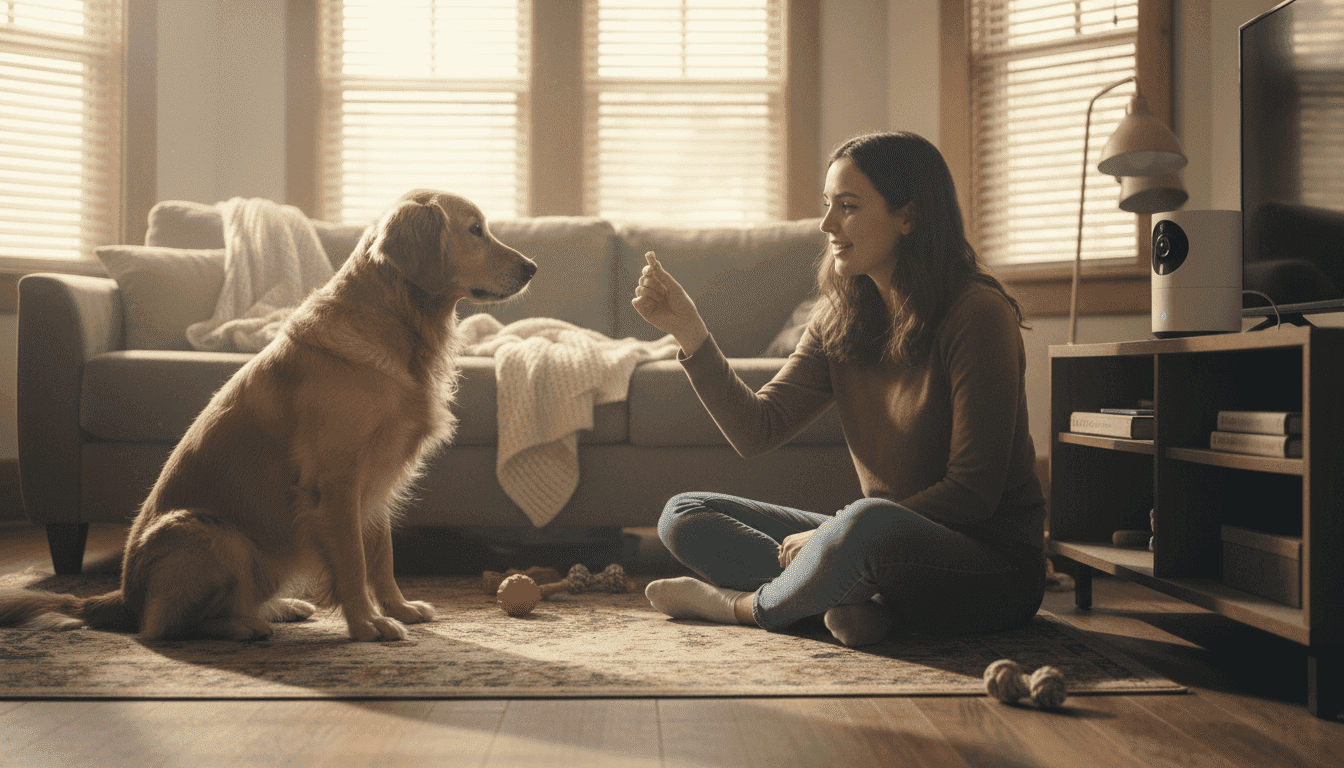Woman training dog with camera monitoring