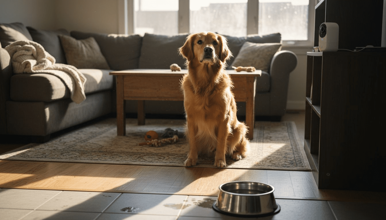 Dog watched by pet camera in living room
