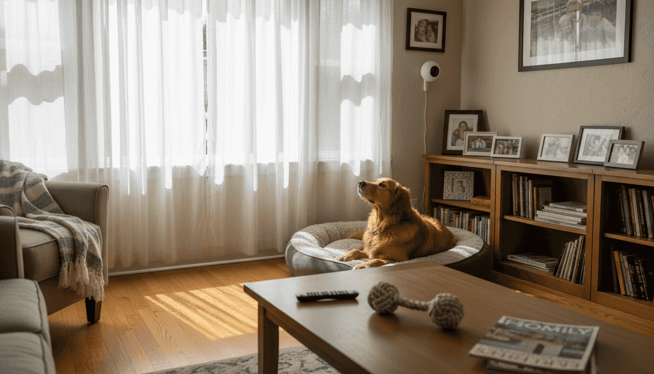 Dog and smart camera in sunlit living room