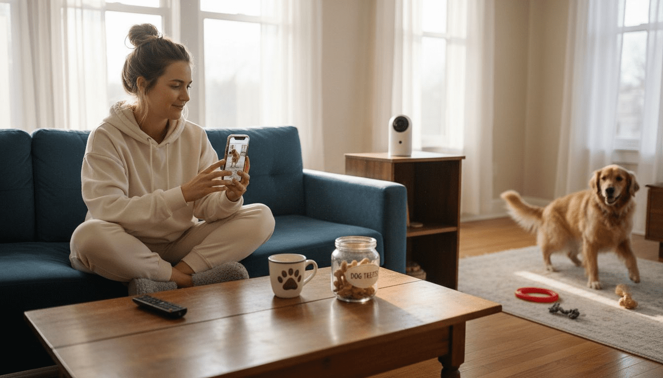 Woman watches dog on pet camera