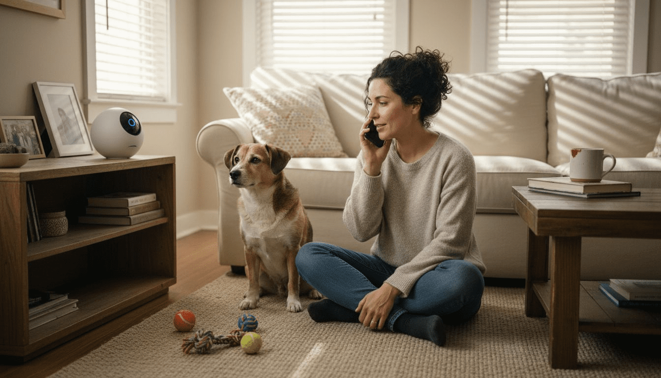 Pet owner talking to dog via camera