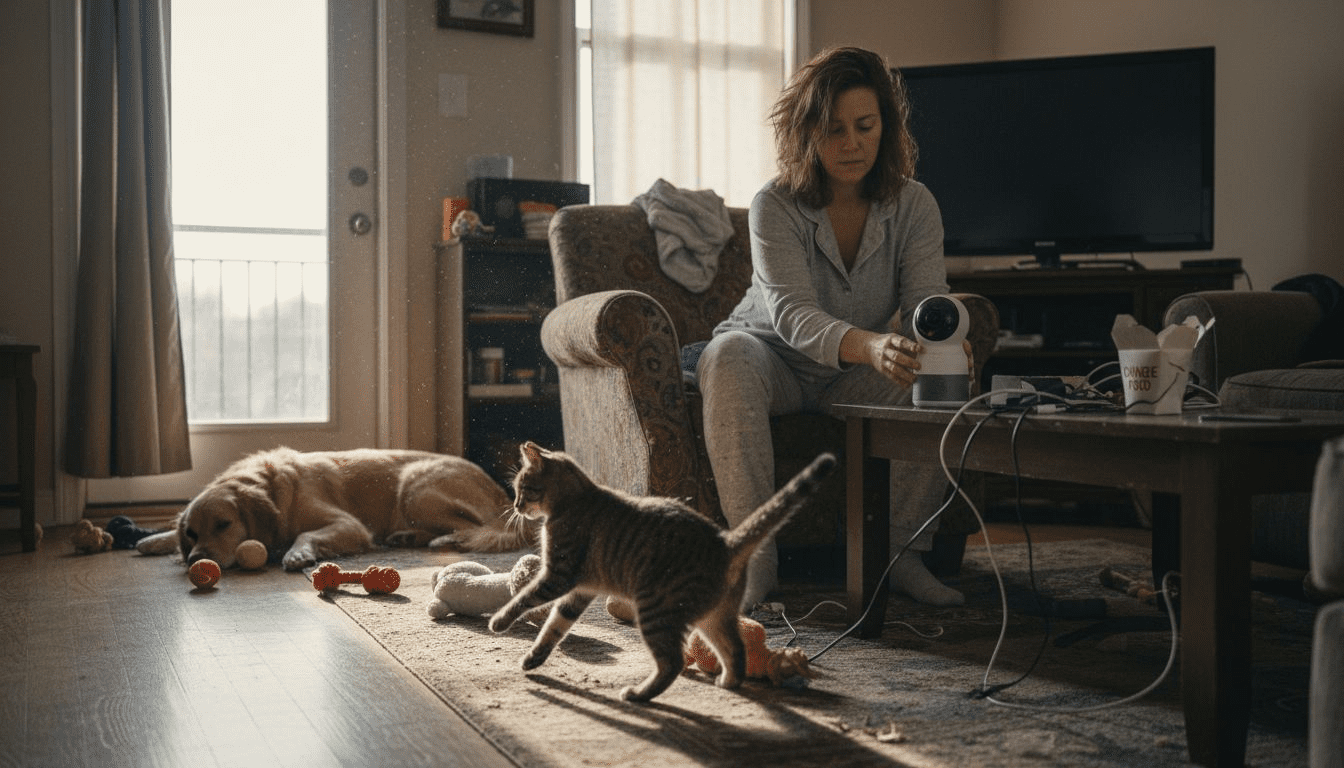 Owner sets up multi-pet camera in living room