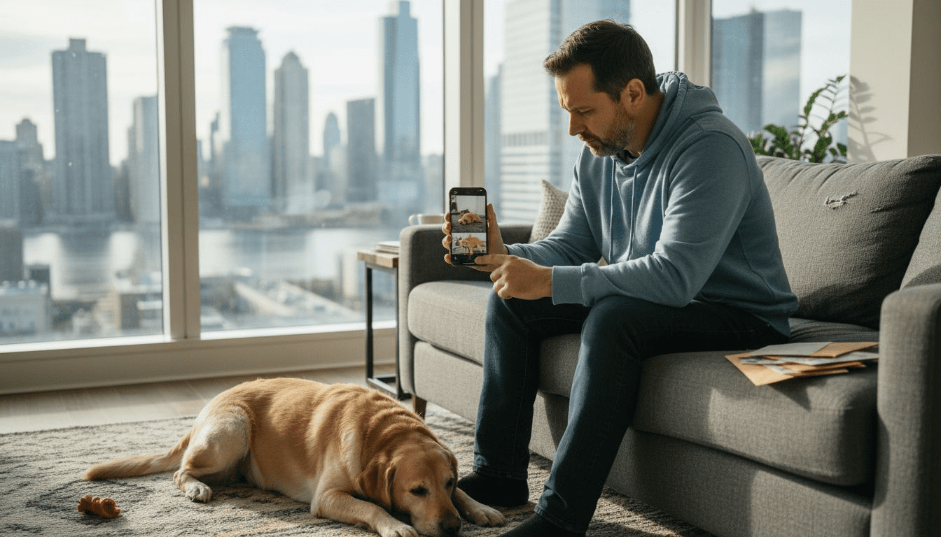 Pet owner using surveillance app at home