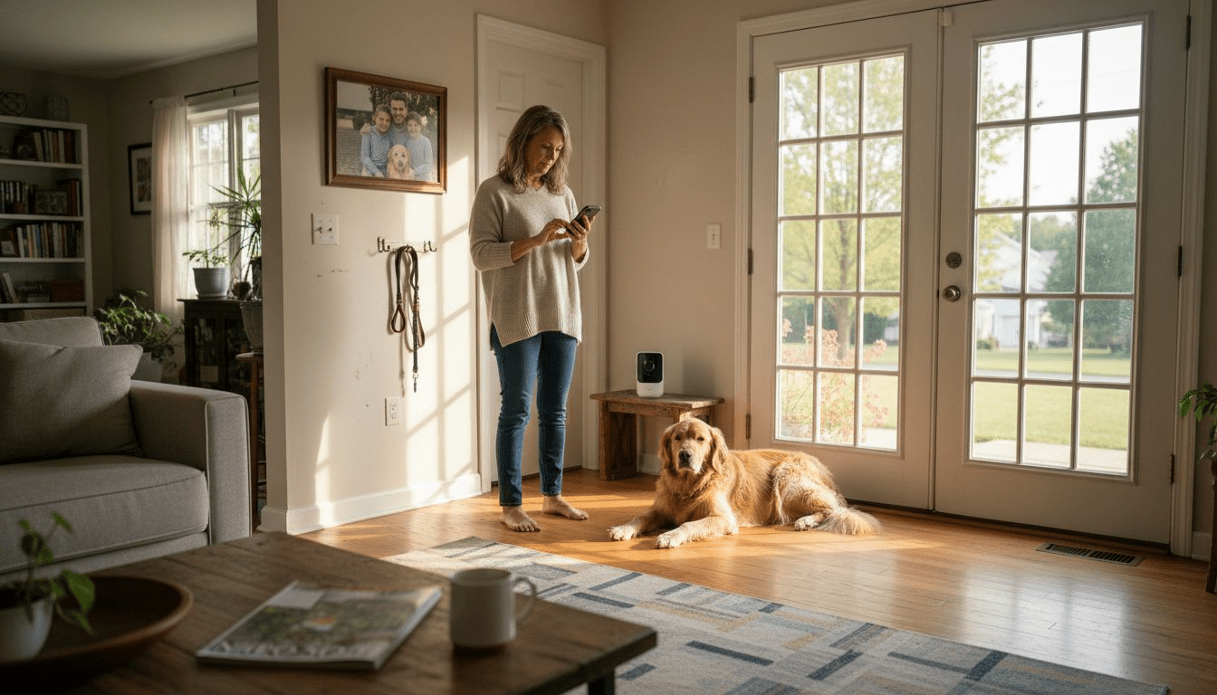 Woman monitoring dog with smart pet camera