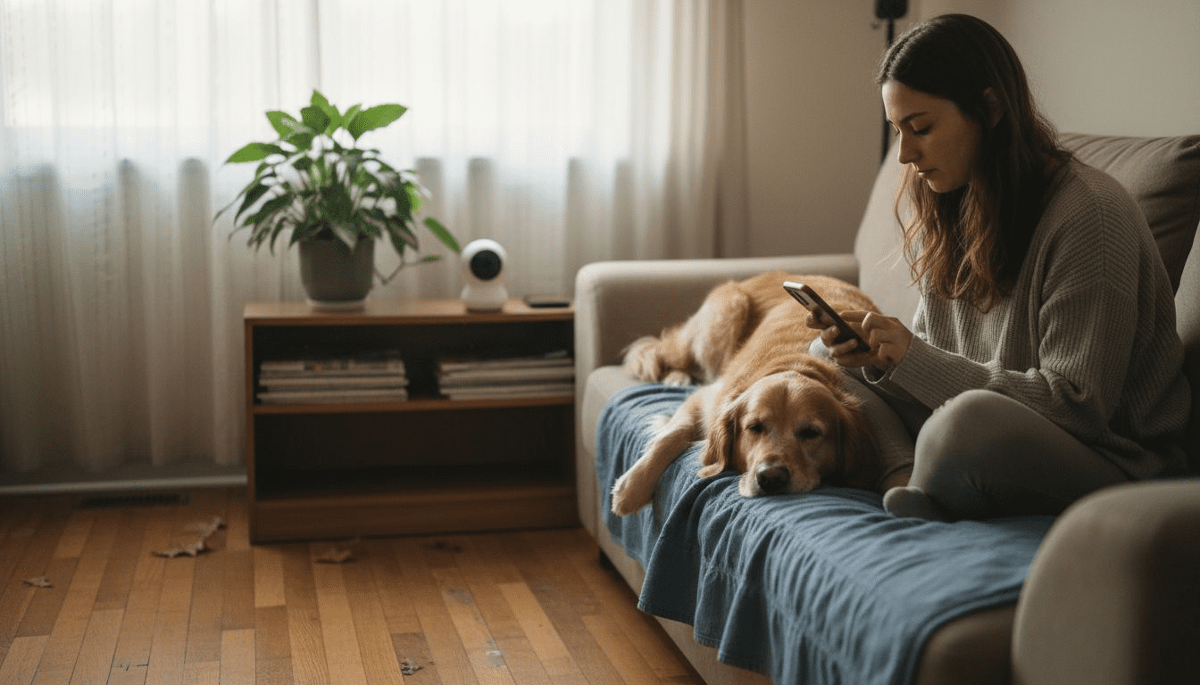 Woman using smart pet monitor at home