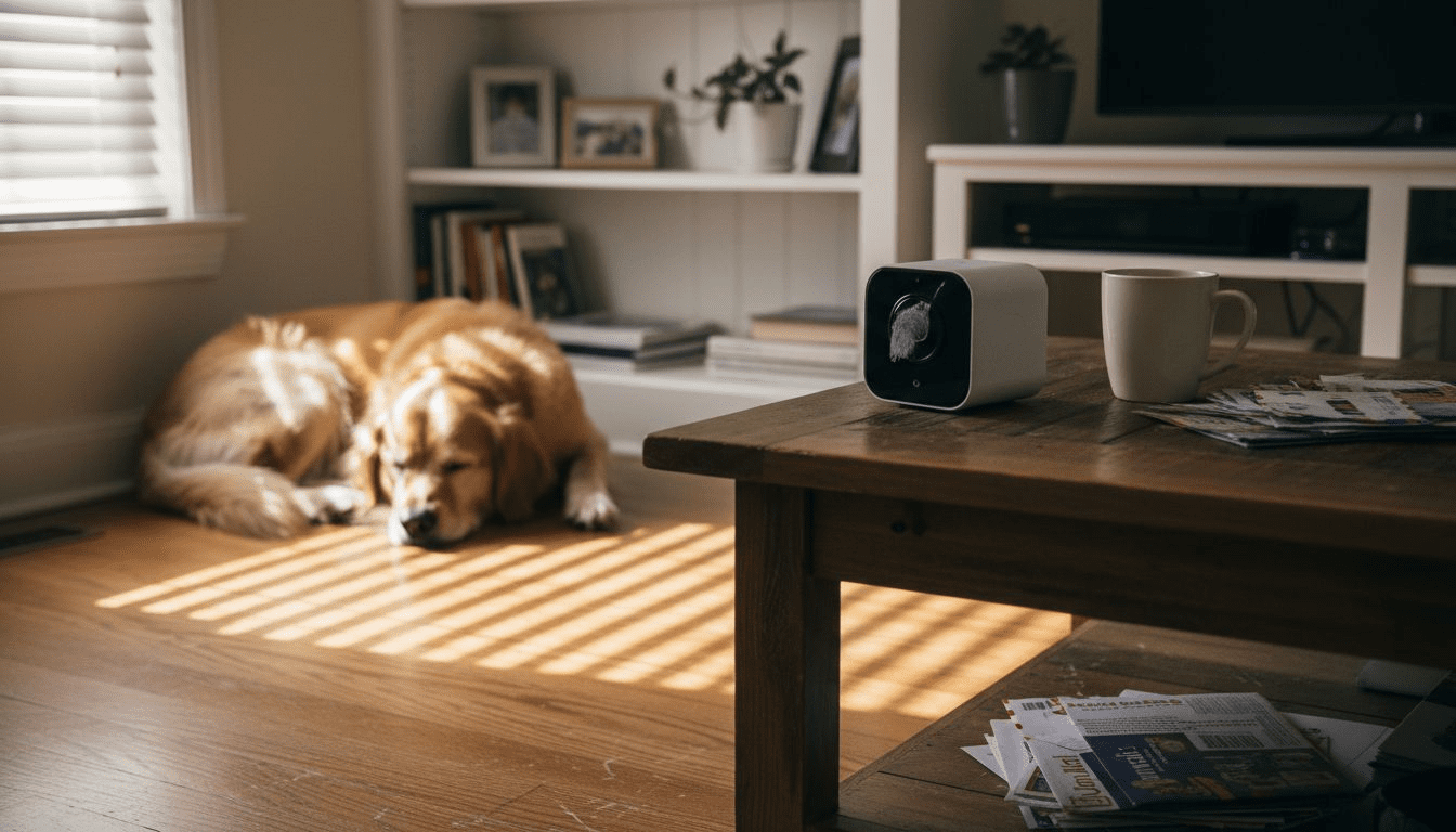 Dog near pet camera in sunlit living room