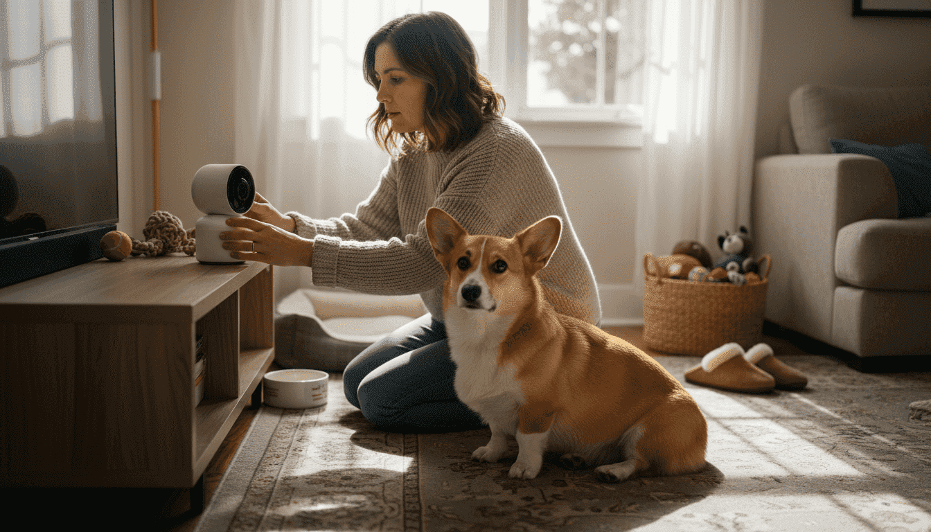 Woman setting up smart pet camera for dog