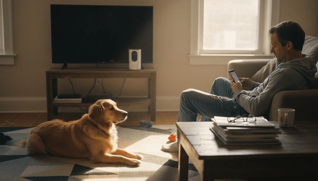 Dog and owner with pet camera in living room