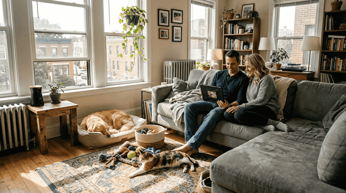 Couple and pets with smart camera in home