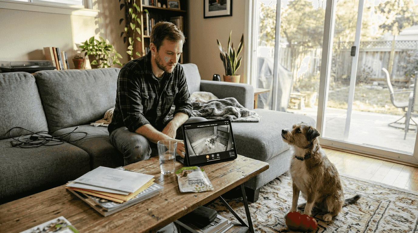 Man checking pet camera in living room