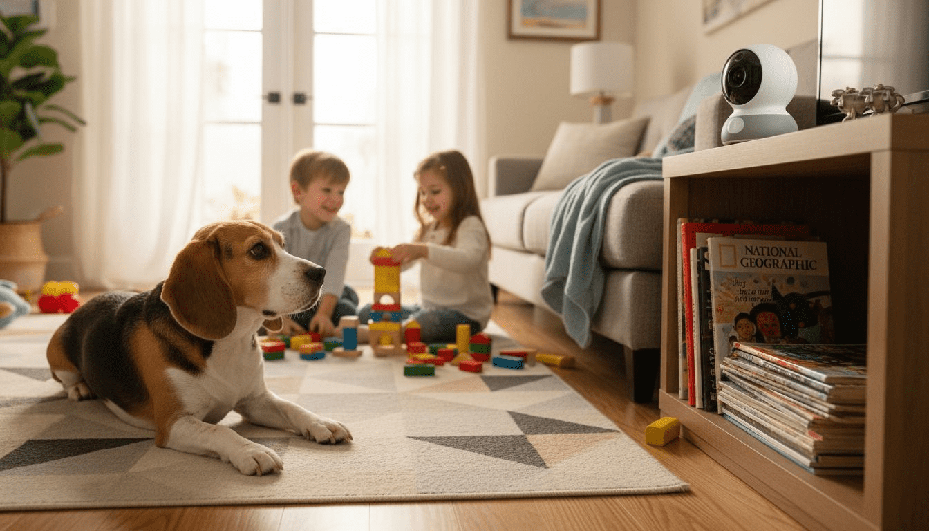 Beagle with pet camera in living room